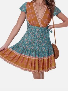 Zesica Womens Boho Wrap Dress Blue Floral Deep V - XL